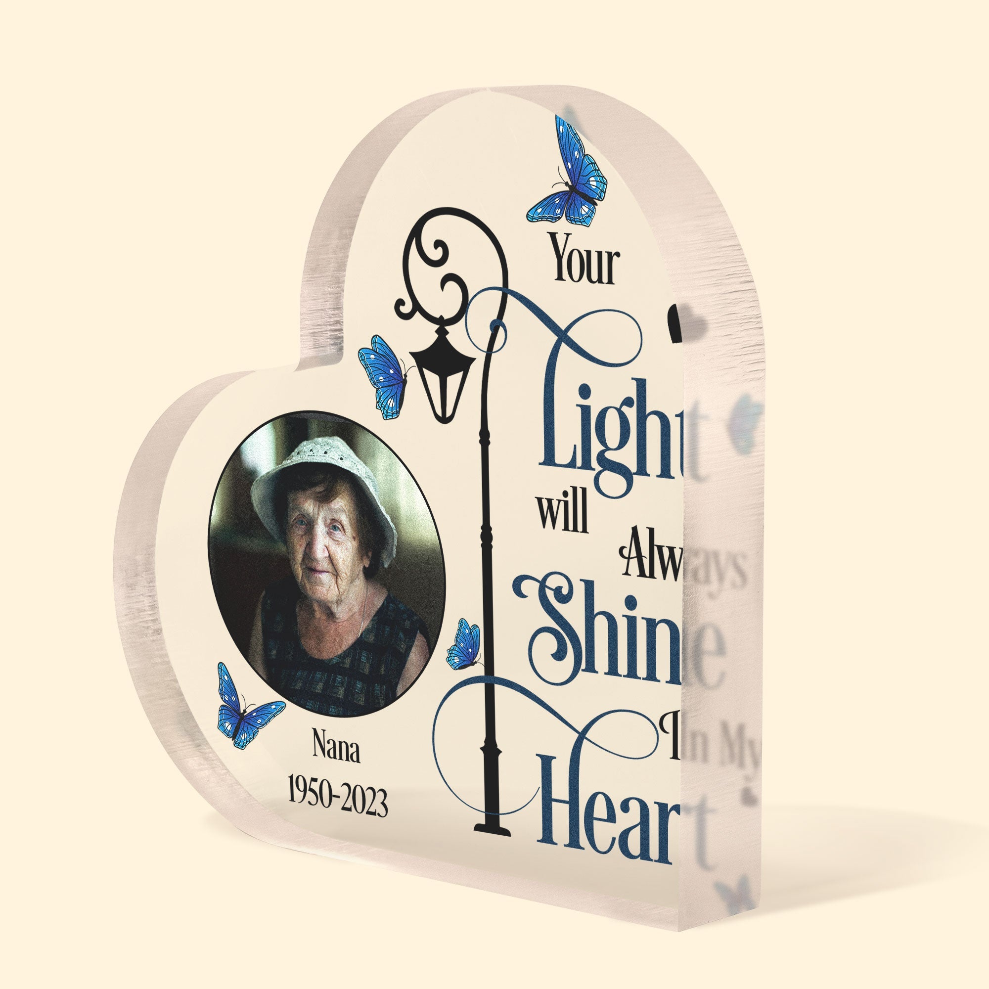 Your Light Will Always Shine In My Heart - Personalized Heart Shaped Acrylic Photo Plaque