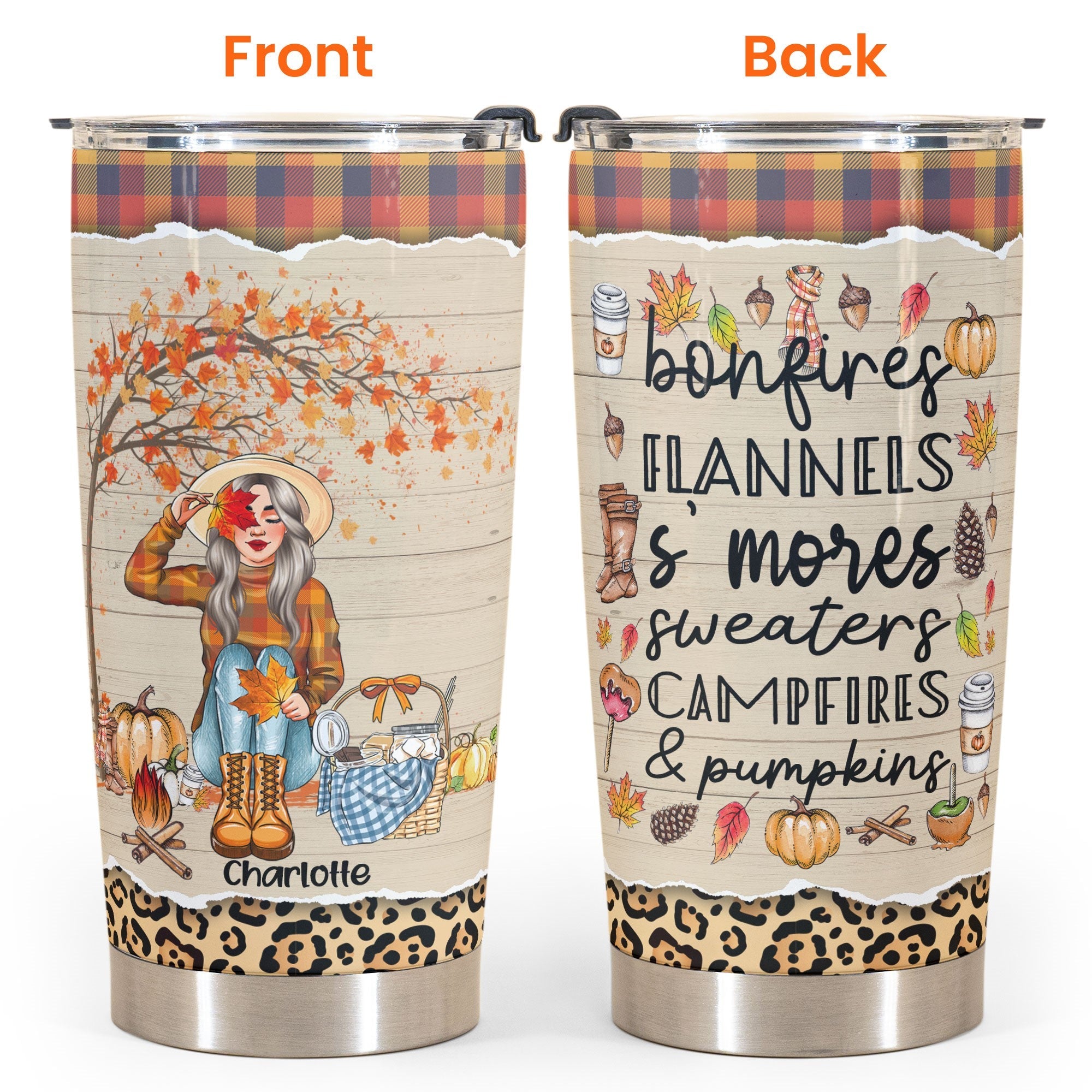 Bonfires Flannels S’mores Sweaters Campfires & Pumpkins - Personalized Tumbler Cup - Fall Season Gift For Girls - Autumn Girl Front