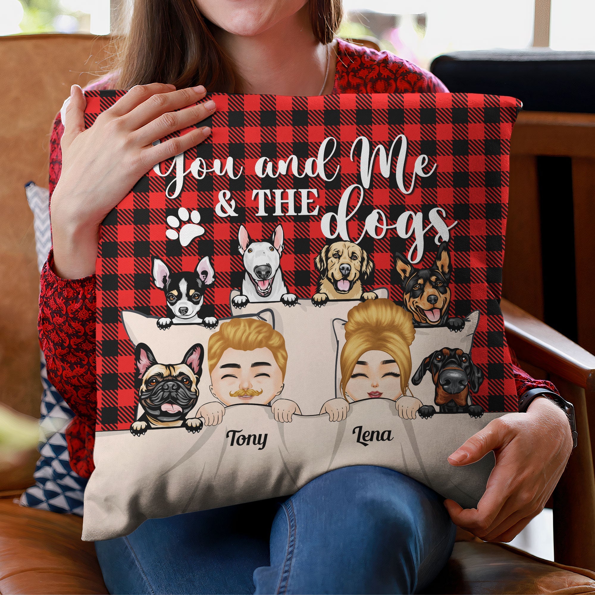 You & Me And The Dogs - Personalized Pillow (Insert Included) - Anniversary, Valentine's Day Gift For Husband, Wife, Couple, Dog Lovers