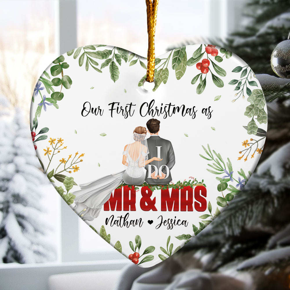 Our First Christmas As Mr. & Mrs. - Personalized Heart Shaped Ceramic Ornament