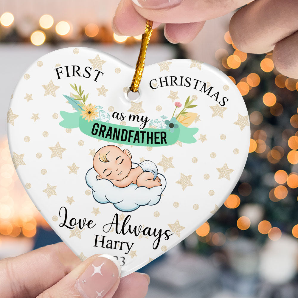 First Christmas As My Grandfather - Personalized Heart Shaped Ceramic Ornament