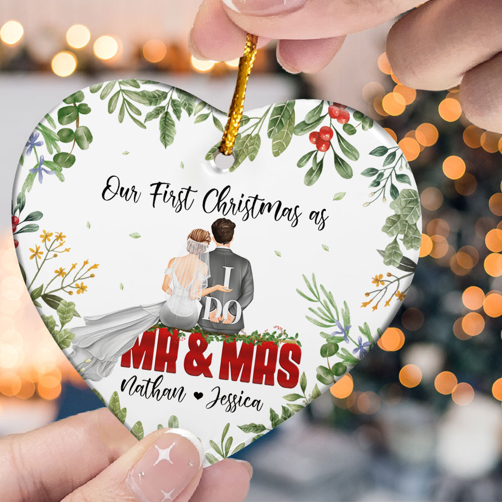 Our First Christmas As Mr. & Mrs. - Personalized Heart Shaped Ceramic Ornament