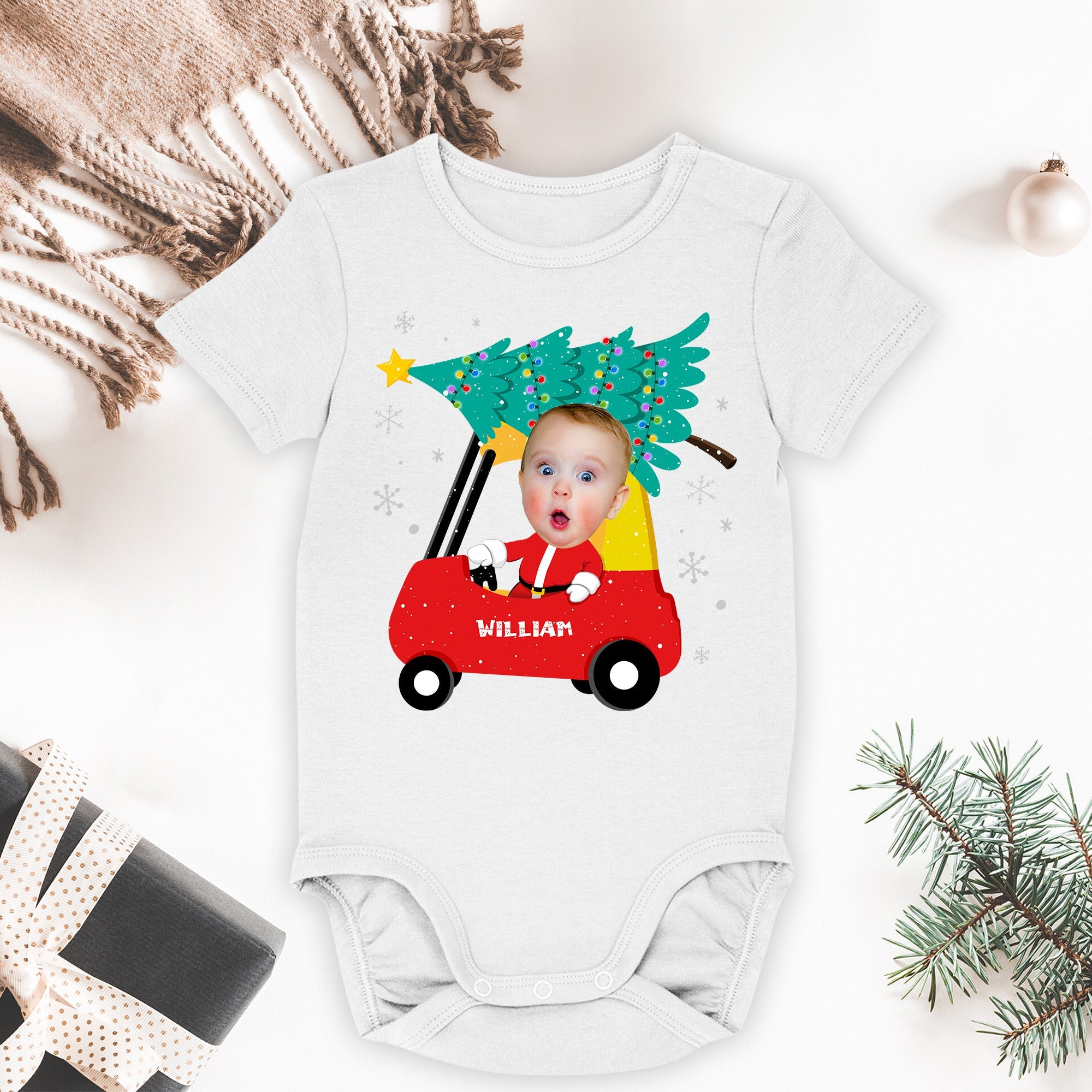 Red Car Christmas Toddler Baby Custom Face - Personalized Photo Baby Onesie