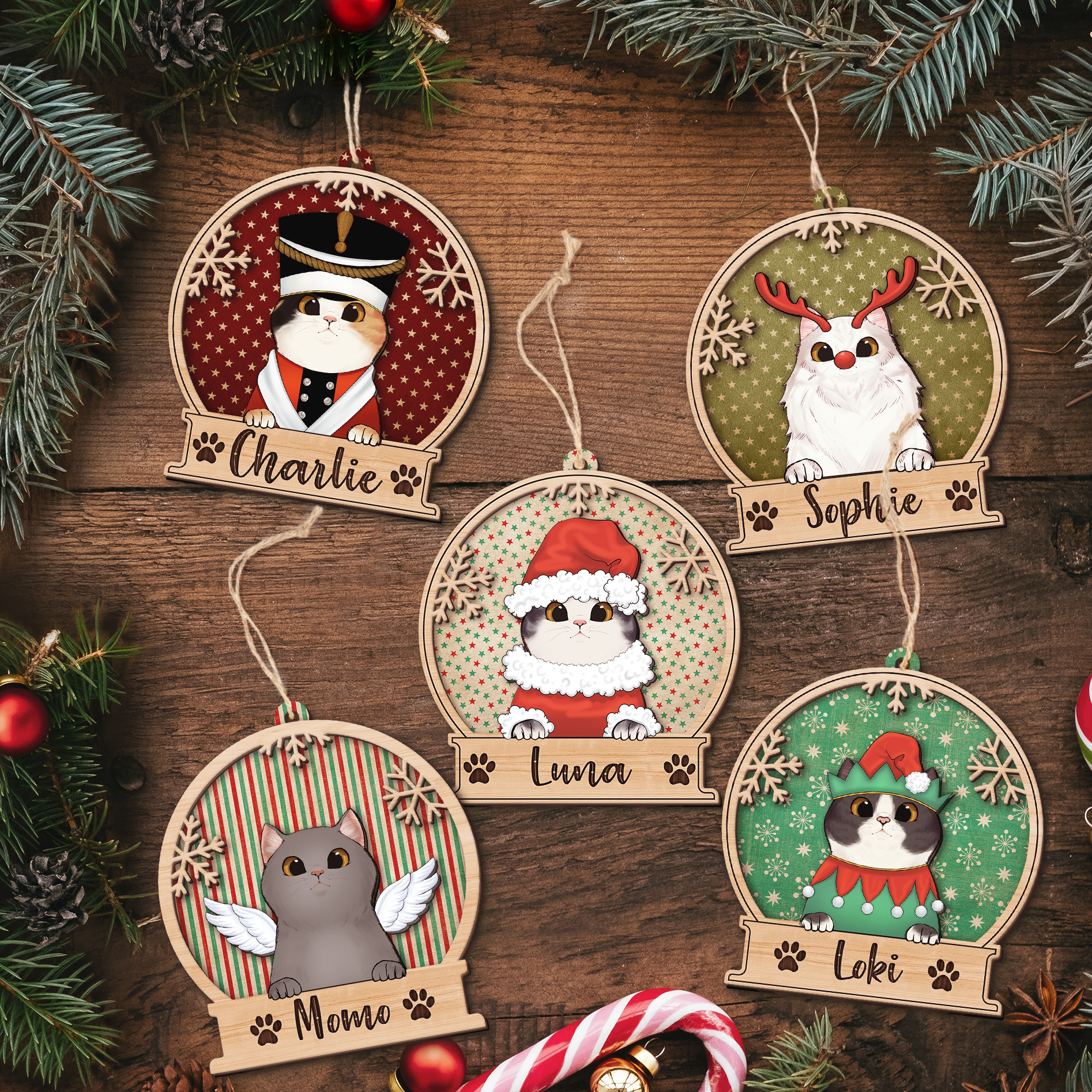 Peeking Cat Christmas - Personalized 2 Layers Wooden Ornament